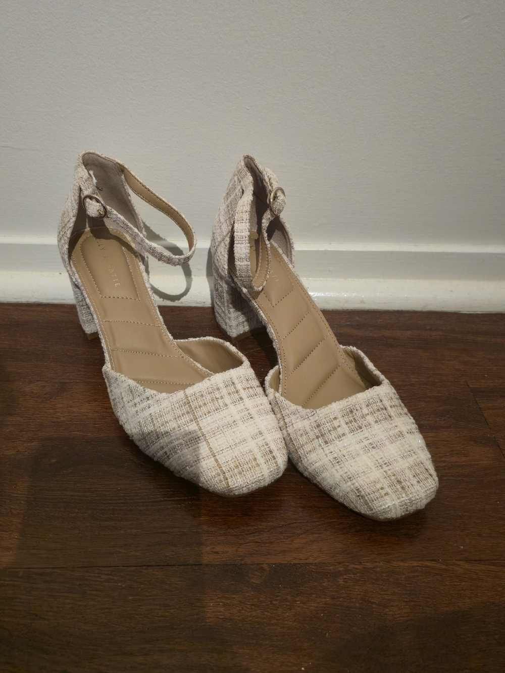 Women's Neutral Tweed Ankle-Strap Block Heel Pumps